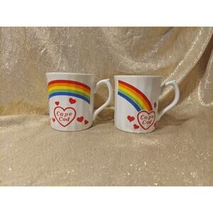 (2) Vintage Cape Cod Mugs Coffee Cups Rainbow Hearts 80s Kitchen Decor